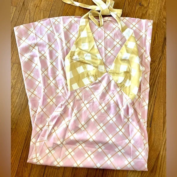 Picnic Plaid Satin Midi Dress Halter Y2K Slip AU 6 US XS - Picture 5 of 16